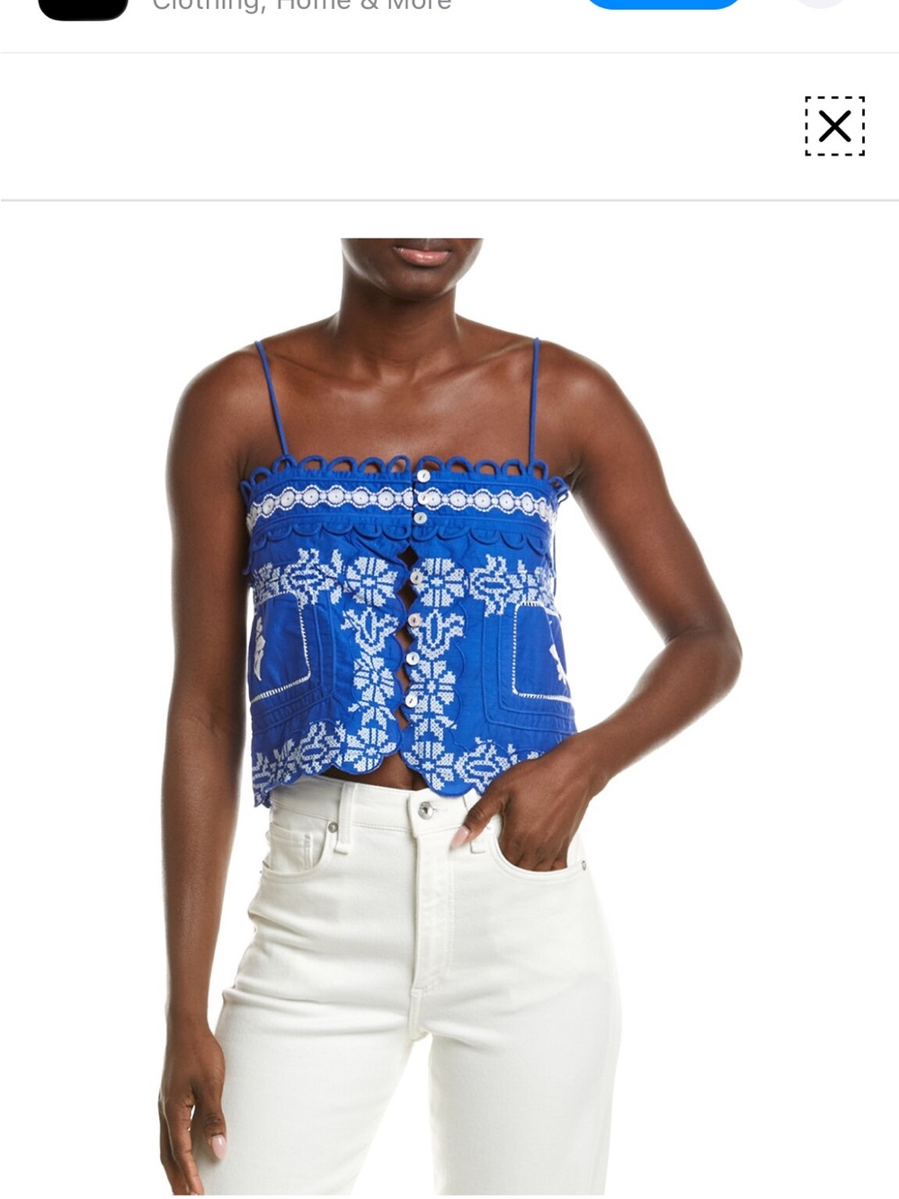 FARM Rio Cobalt Blue Embroidered Spaghetti-Strap Crop Top